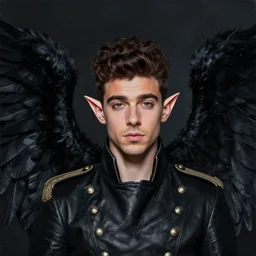 portrait painting by jeremy mann, head and shoulders portrait of zayn malik with black angel wings and elf ears by jeremy mann, wearing leather napoleonic military style jacket, pointy ears, large black wings in the background, black angel wings, black feathers behind head in background, dark bakground