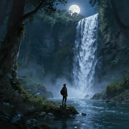 waterfall moonlight deep forest fisherman, deep focus, d & d, fantasy, intricate, elegant, highly detailed, digital painting, artstation, concept art, matte, sharp focus, illustration, hearthstone, art by artgerm and greg rutkowski