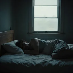 cinematic photo, man in bed, just waking up, dark room, desolated, a window, 3 5 mm, in focus, atmospheric