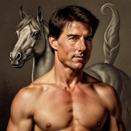 a centaur, chimera, tom cruise torso, man head, tom cruise, tom cruise, tom cruise, tom cruise, majestic matte painting, by Beeple, Gustave Dore, Artstation, CGsociety, Tom Cruise