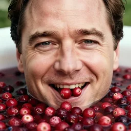 closeup portrait of happy bryan cranston, mouth full with cranberies, submerged in cranberries, food photography, natural light, sharp, detailed face, magazine, press, photo, steve mccurry, david lazar, canon, nikon, focus