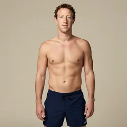 Photo of Mark Zuckerberg in swimsuit, soft studio lighting, photo taken by Anne Liebovitz for Abercrombie and Fitch, 24mm f/1.4
