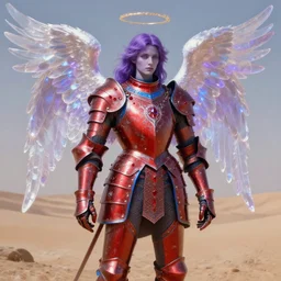 rococo style painting of full plate armor of crimson metal with azure blue lining and ruby studded worn by amethyst skinned angel with glowing glass wings, magic, enchanted, intricate, crystal, background desert, dusty, soft light, 8 k, artstation trending, masterwork