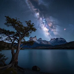 beautiful landscape photography, patagonia, a lake, a tree in the foreground, night, milky way