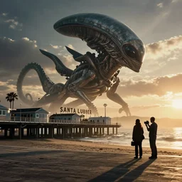 cinematography of giant alien on Santa Monica peer By Emmanuel Lubezki