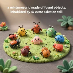 “a miniature world made of found objects, inhabited by cute bugs and creatures, 3d claymation render, cute animation still”