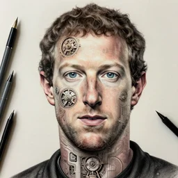 beautifully detailed futuristic dystopian mugshot portrait of mark zuckerberg's inner being, clockwork, technical inner being, pen, ink, copic marker, complex massive detail, by enki bilal