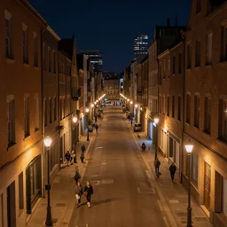 high quality photograph of one straight city street at night, photo taken at eye height, extremely wide angle, nightlife, people walking, 4 k professional photograph, nice place to live, midrise buildings, narrow streets, soft warm street lamps, small windows, cozy, trending on artstation, detailed, beautiful, photograph, realistic
