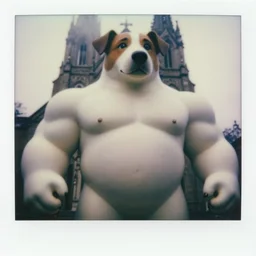oversized giant anthropomorphic muscular jack russell parson, macro close up body, in church, close body shot, nighttime, cinematic focus, polaroid photo, vintage, neutral dull colors, soft lights, foggy, overcast by oleg oprisco, by thomas peschak, by discovery channel, by victor enrich, by gregory crewdson