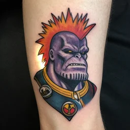 oldschool neck tattoo of punk thanos, backlight