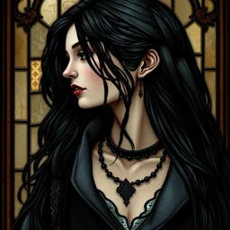 beautiful and detailed side - view portrait of yennefer, black necklace, long black and grey coat, long black hair, stained glass art, by alphone mucha, very masterful