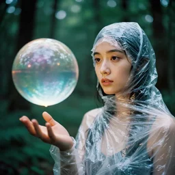 a closeup portrait of a woman wrapped in plastic, standing next to a levitating iridescent orb, in a forest, color photograph, by vincent desiderio, canon eos c 3 0 0, ƒ 1. 8, 3 5 mm, 8 k, medium - format print
