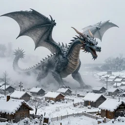 a dragon made of smoke attacking a village in winter, realistic, 4k, cinematic