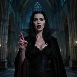 jennifer connelly as a vampire showing her fangs in a gloomy gothic cathedral at night