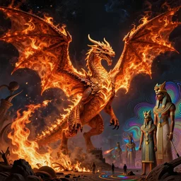 a detailed digital art of a massive dragon-like creature with wings made of fire blazes through the night sky, leaving behind a trail of destruction by Joseph Cornell, Lawren Harris and James Jean, style of opalescent, Myst, optical illusion, grim dark, Ancient Egyptian, Cambrian,detailed, ornate, maximalist, 8k, cinematic, compositing, post processing, award winning art,artstationHQ,artstationHD