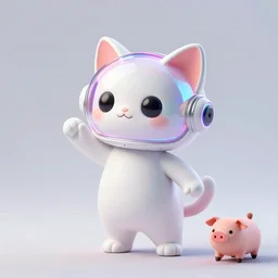 product photo of a futuristic introverted shy cute robot pet cat, holographic helmet, asymmetric flowing dancing pose minimalistic cute, by artgerm and greg rutkowski and marc newson and zaha hadid, alphonse mucha, samsung apple webcam, matte glossy materials, neon, otter puppy pig. three quarter view, volumetric light, detailed, octane render, midsommar