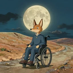 a study of cell shaded cartoon of a jackal in a wheelchair from howl's moving castle ( 2 0 0 4 ) on a desert road, in front of a big moon, full body, wide shot, very muted colors, post grunge, studio ghibli, laurie greasley, highly detailed, deviantart, art by artgem