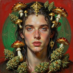 hyper realistic portrait painting of tommy ( intrincate detail, golden mushroom ornaments, marijuana ) wet, marijuana buds, by saturno butto, boris vallejo, austin osman spare and david kassan, by bussiere. occult art, occult diagram, red and green color scheme.