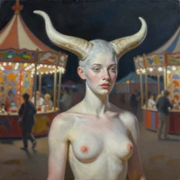 By Tom Bagshaw, ultra realist soft painting of curiosities carnival by night, very beautiful horn single female gothic wearing corset sleeping, symmetry accurate features, very intricate details, omnious sky, black and white, volumetric light clouds