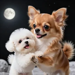 a photorealistic closeup image of a cute brown colored long haired chihuahua cocker spaniel dog playing with a happy white bichon frise puppy on the moon. brightly lit. extreme detail. unreal engine