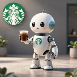 a small robot powered by coffee, starbucks advertisement, 3D render