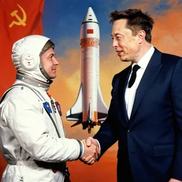 elon musk shake hands with yuri gagarin in front of a starship, soviet style poster
