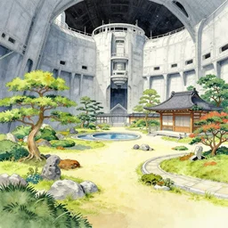 japanese garden in a space fortress. this watercolor painting by the award - winning concept artist has cinematic lighting, an interesting color scheme and intricate details.