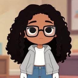 a very beautiful girl with # e 0 a 3 7 a skin color, long, curly hair, stylistic oval black eyes, half - frame square glasses, grey hoodie opened, white t - shirt, white gloves, denim jeans, character art, cute, digital art, jaidenanimations, cartoon network, modern cartoon