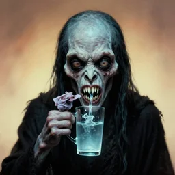 potrait of a scary monster that has crooked teeth a weird accent and drinks hot water, by zdzislaw beksinski, by dariusz zawadzki, by wayne barlowe, gothic, surrealism, cosmic horror, lovecraftian, cold hue's, warm tone gradient background, concept art, beautiful composition
