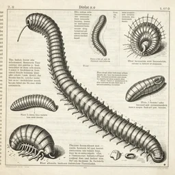 giant bobbit worm diagrams and sketches, 1 8 9 0 woodcut ink illustrated magazine page, old manuscrypt page, old book page, notes, informative text around illustrations, diagrams, intristic detailed