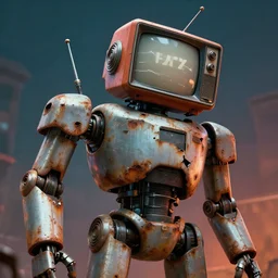 a big robot with a ( ( ( ( ( broken ) ) ) ) ) old tv head, detailed, rusty,,, concept art, matte painting, trending artstation, octane render, vivid cinematic lightning, ( apocalyptic ) 8 k