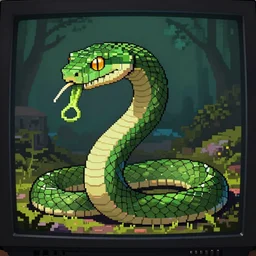 A green snake with sharp scales and golden eyes eating it's own tail, pixel art, crt