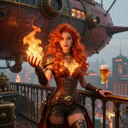 beautiful industrial steampunk digital art of madison beer, with fire - red hair, standing on the balcony of a steampunk airship overlooking a city, holding a ball of fire in the palm of her hand, symmetrical face, beautiful eyes, trending on art station, 8 k resolution, award - winning photo, highly detailed scene, vibrant art