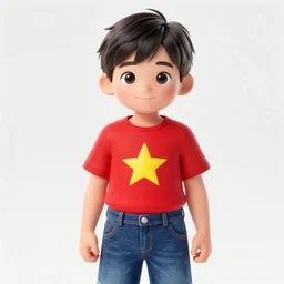 a short boy wearing a red shirt with a yellow star, blue jeans, and a pink gemstone belly button