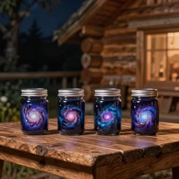 4 jars of nebulas on a table in a log cabin at night, detailed,