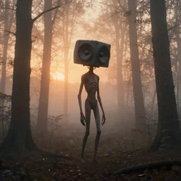 long subtle humanoid from another planet with big speaker head, lost in the foggy woods, by simon stalenhag, roger dean and greg rutkowsky, sunset