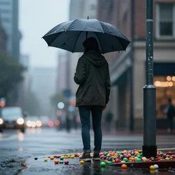 a person standing on a street corner holding an umbrella, raining Skittles, hyper realism, detailed, 4K, cinematic light, low angle, bokeh, unreal engine