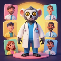 lemur in a doctor suit, character sheet, colorful, contrast, 3 d scene, greg rutkowski, zabrocki, karlkka, jayison devadas, trending on artstation, 8 k, ultra wide angle, zenith view, pincushion lens effect
