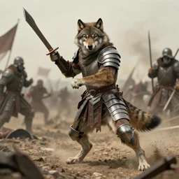anthropomorphic furry wolf in armor fighting in a battlefield, 1900s picture
