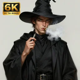 an anthropomorphic beautiful male scientist portrait smoking vape wearing black hoodie robe, fine art, award winning, intricate, elegant, sharp focus, octane render, hyperrealistic, wizard hat cinematic lighting, highly detailed, digital painting, 8 k concept art, art by jamie hewlett and z. w. gu, masterpiece, trending on artstation, 8 k