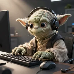 yoda with headphones and mouse and keyboard play game