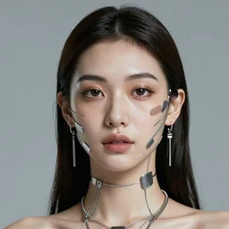 portrait of a beautiful futuristic woman layered with high-tech jewelry wrapping around her face and head, 2042