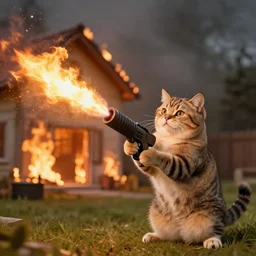 a cat holding a flamethrower next to a burning house