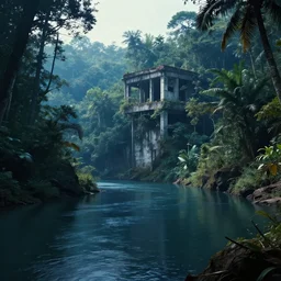 tropical forest, silent river, shivang mehta, landscape, indigo accent, mythology, cinematic, detailed, atmospheric, abandoned concrete structure, backlit, epic, cinematic, concept art, matte painting, water view on a high bluff, photo real, 8 k render