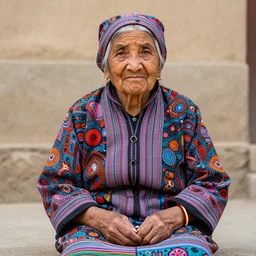an elderly woman dressed in extremely colorful clothes with many strange patterns