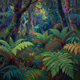 a distant dense psychedelic colorful fern forest by henri rousseau, 4 k, detailed, acid pixie