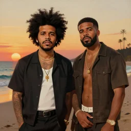 the weeknd and drake by picasso, digital art, classical painting, sharp focus, sunset beach, 4 k