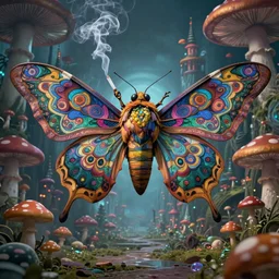 8K A centered chest up portrait of a psychedelic godlike mothman with giant mandala wings smoking a hand-rolled cigarette smoking heavily , magic mushroom village in background , post-processing , award winning. superb resolution. in the art style of junji Ito and greg rutkowski . Detailed Mushroom city in background. Hyper realistic anime. Perfect art. Dalle2