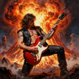 wojak shredding on a gibson sg, intense guitar solo inside an exploding volcano, painting by frank frazetta and glenn fabry, 3 d rendering by beeple