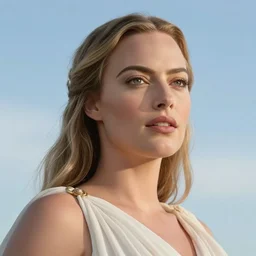 margot robbie as a beautiful Greek goddess in the sky, cinematic, realistic face, highly detailed